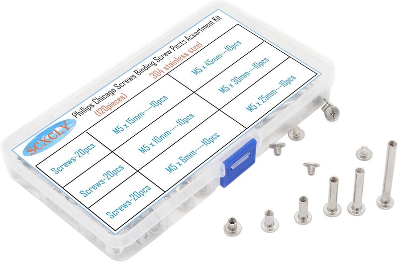 SCXCLY 120pcs Chicago Screws Binding Screw Posts Assortment Kit, 6 Sizes(M5 x 6/10/15/25/30/45mm), 304 Stainless Steel - Image 1